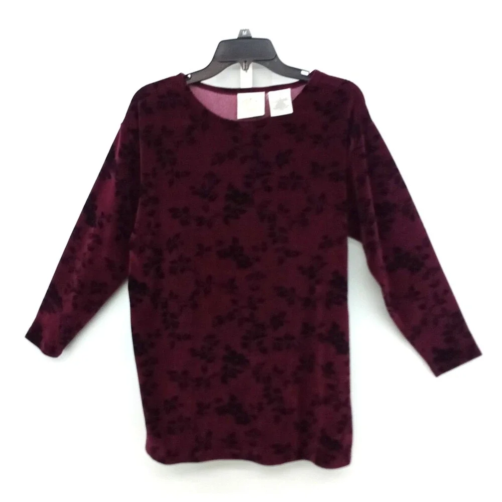 Erika & Company Blouse Women Size PM Burgundy Black Floral Faux Velvet Top
